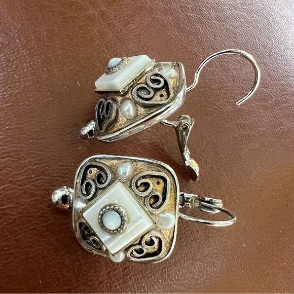 Vintage Michal Logan Earrings & Brooch/Pendant Pearl Lucite Cabochon Silver - Picture 7 of 14